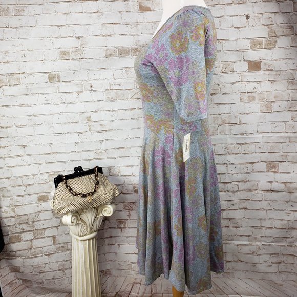 NWT LuLaRoe Size 2XL Heather Gray Pink Floral Nicole Fit & Flare Dress Stretch - Picture 4 of 11